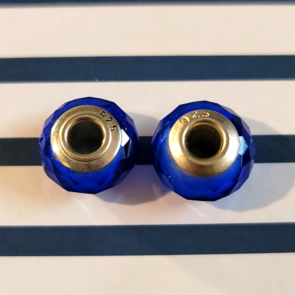 2 Blue Glass Bead charms for Pandora Type bracelets stamped 925